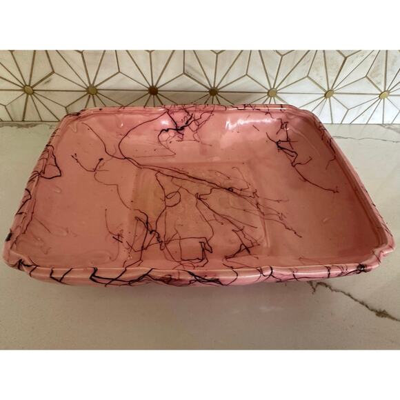 Vintage Pink Rectangular Bowl with Deep Purple Veining – Mid-Century Art Pottery - Picture 2 of 6
